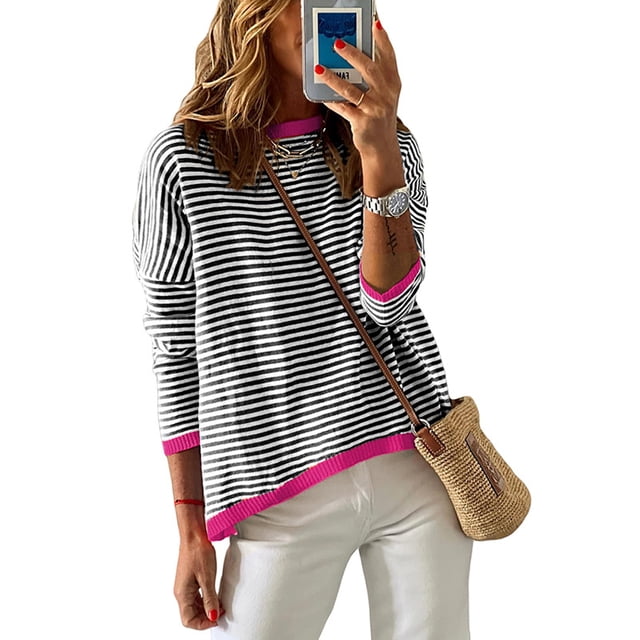Zoeecloth T-Shirts Rayés pour Femmes Col Rond Manches Longues Hauts Tricotés Printemps Été Pull S-TTG