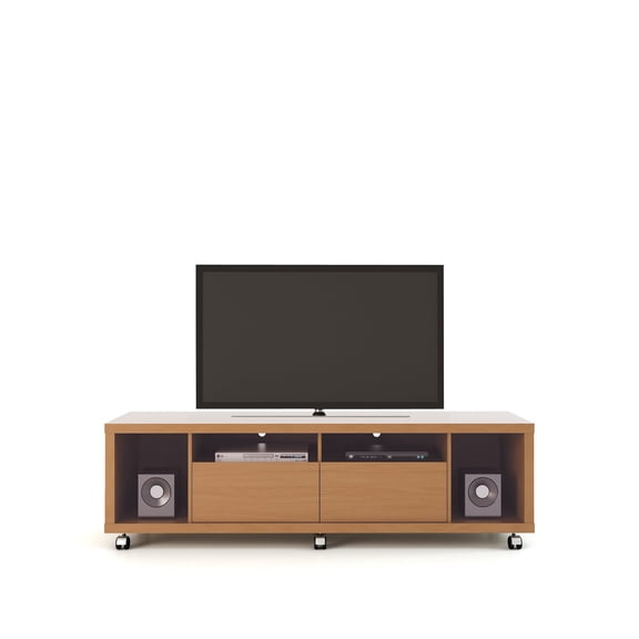Pemberly Row Wood 71" TV Stand with Casters in Maple Cream & Off White