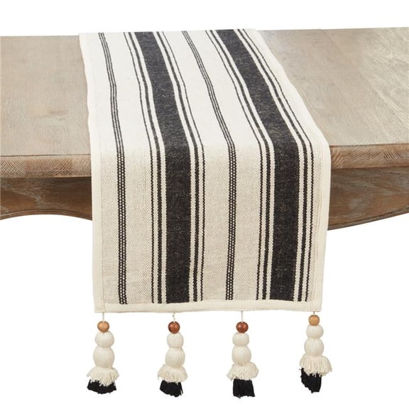13 x 72 in. Wood Bead Tassel Trimmed Stripe Table Runner, Black & Natural