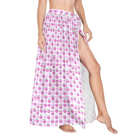 Women Sarong Wraps Cherry on Checkered Swimsuit Beach Pareo Bikini Coverups Skirt M