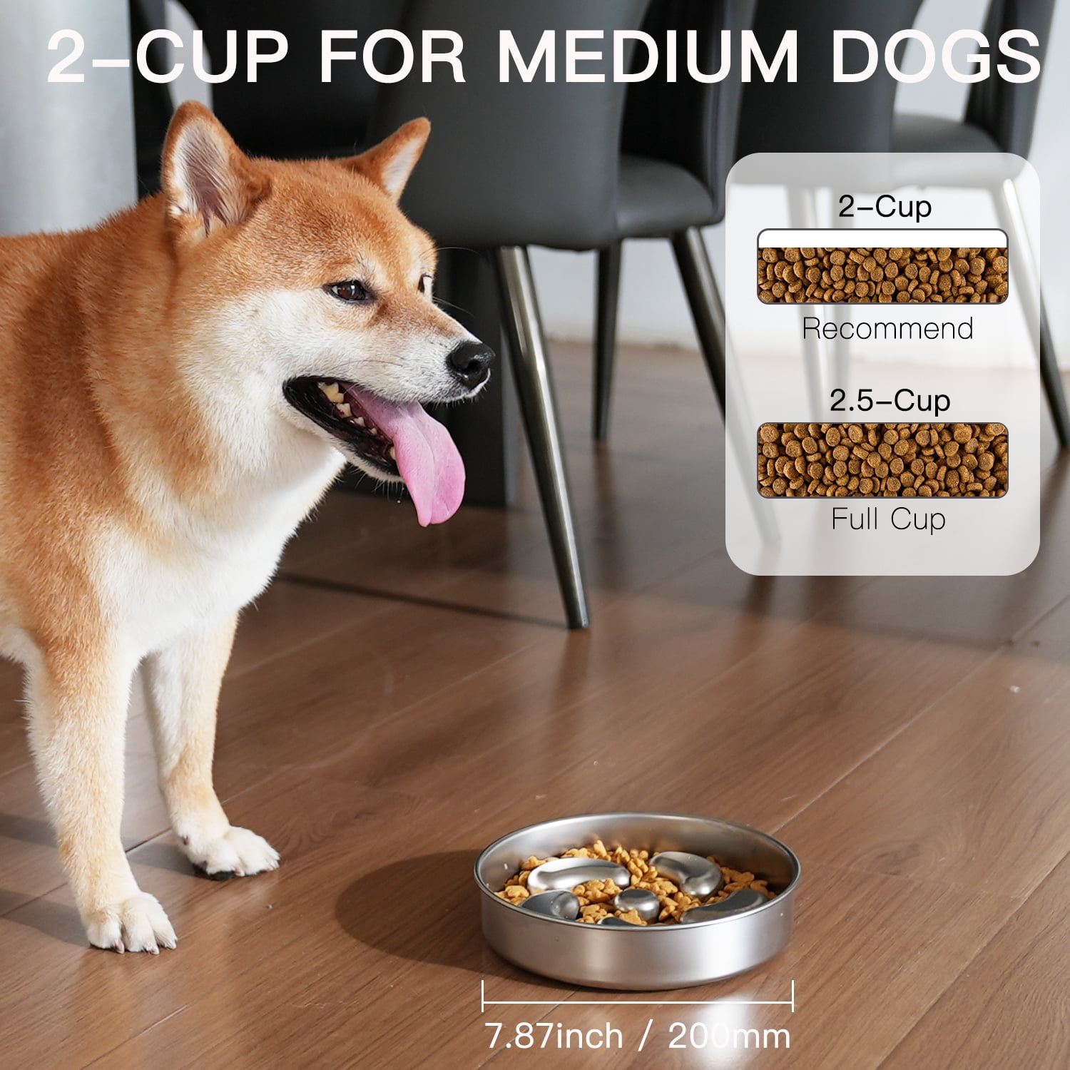 Feedoo 2-Cup Stainless Steel Slow Feeder Dog Bowl - Anti-Choking, Non-Slip Base, Dishwasher Safe (Medium Size)