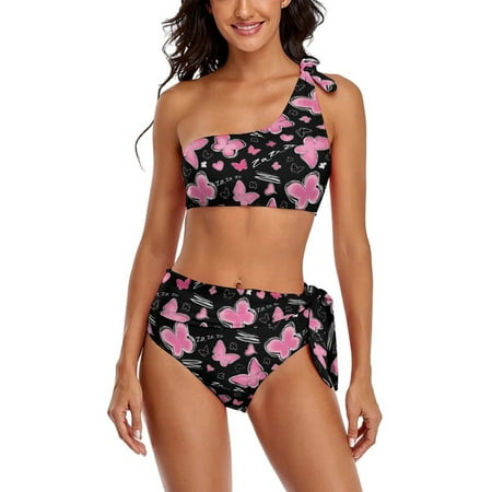 Butterfly Seamless Black Pattern One Shoulder Bowknot Swimsuit Two Piece Swimsuit Knot Crop Top Bikini High Waisted Bathing Suit