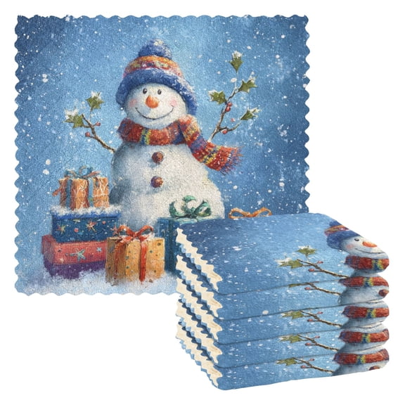 6 Pieces of Kitchen Towels 11x11Inch Kitchen Dish Cloths Kitchen Dish Towels Reuseable Cleaning Cloths Blue Christmas Snowman