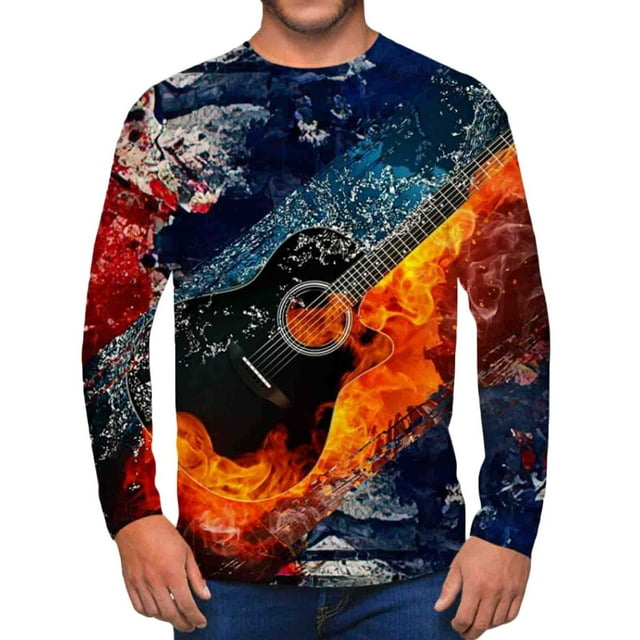 cllios Mens Graphic Tees Casual 3D Guitar Print Long Sleeve Shirts ...