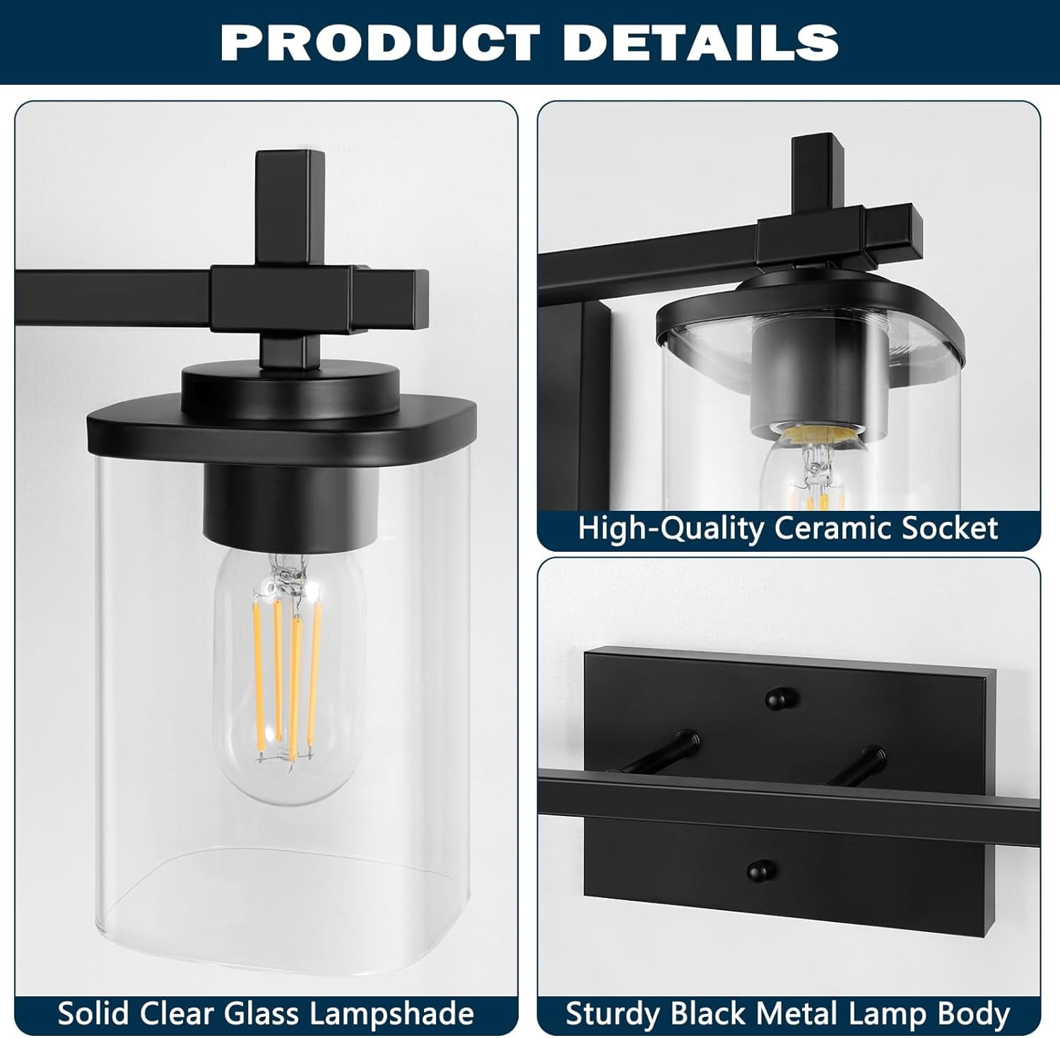 Bathroom Vanity Light 2 Light Bathroom Light Fixture Square Design Bathroom Lighting Fixtures over Mirror Modern Matte Black Vanity Light for Bathroom & Restroom