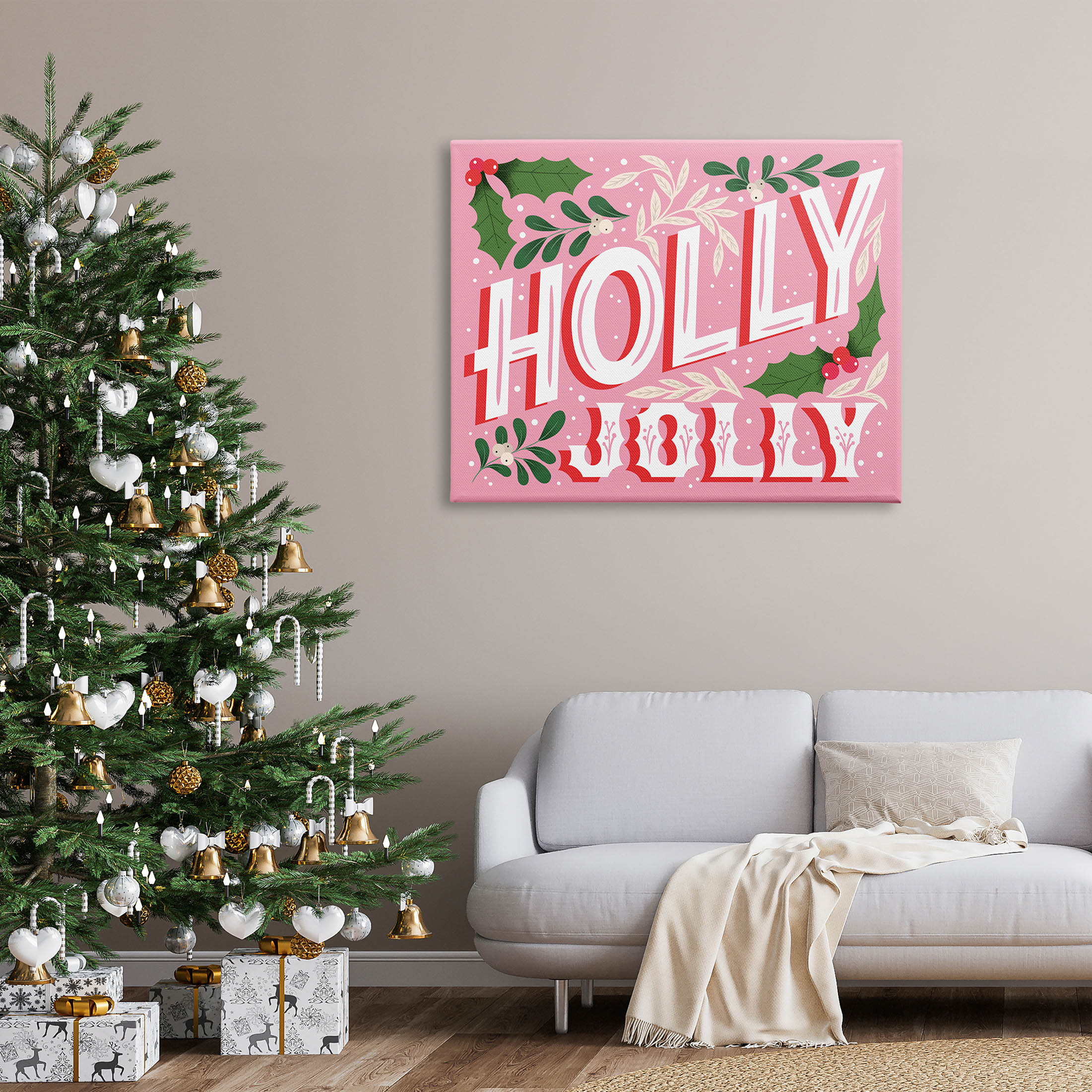 Stupell Industries Bold Pink Holly Jolly Phrase Graphic Art Gallery Wrapped Canvas Print Wall Art, Design by The Saturday Evening Post