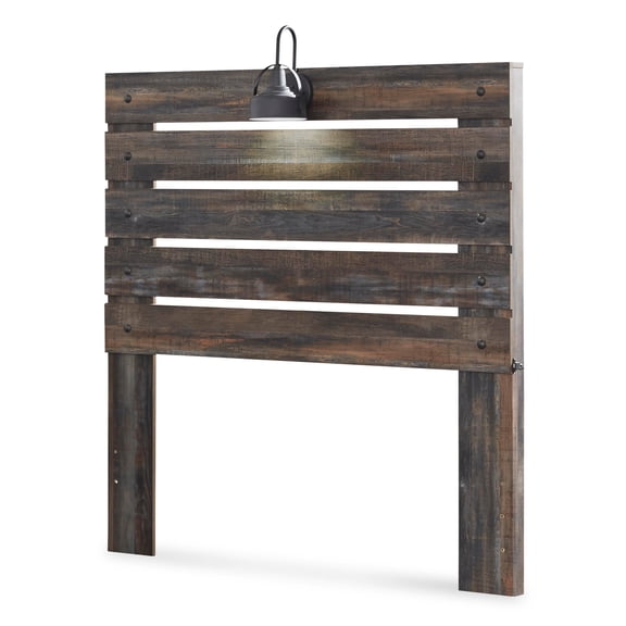 Signature Design by Ashley Drystan Full Panel Headboard, Rustic Brown, Industrial Farmhouse Headboard with LED Light and USB Charging