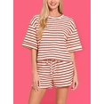 thumbnail image 4 of Women 2 Piece Sets Summer Outfits Cute Stripe Knit T Shirts Shorts Matching Lounge Set Wine Red S, 4 of 7