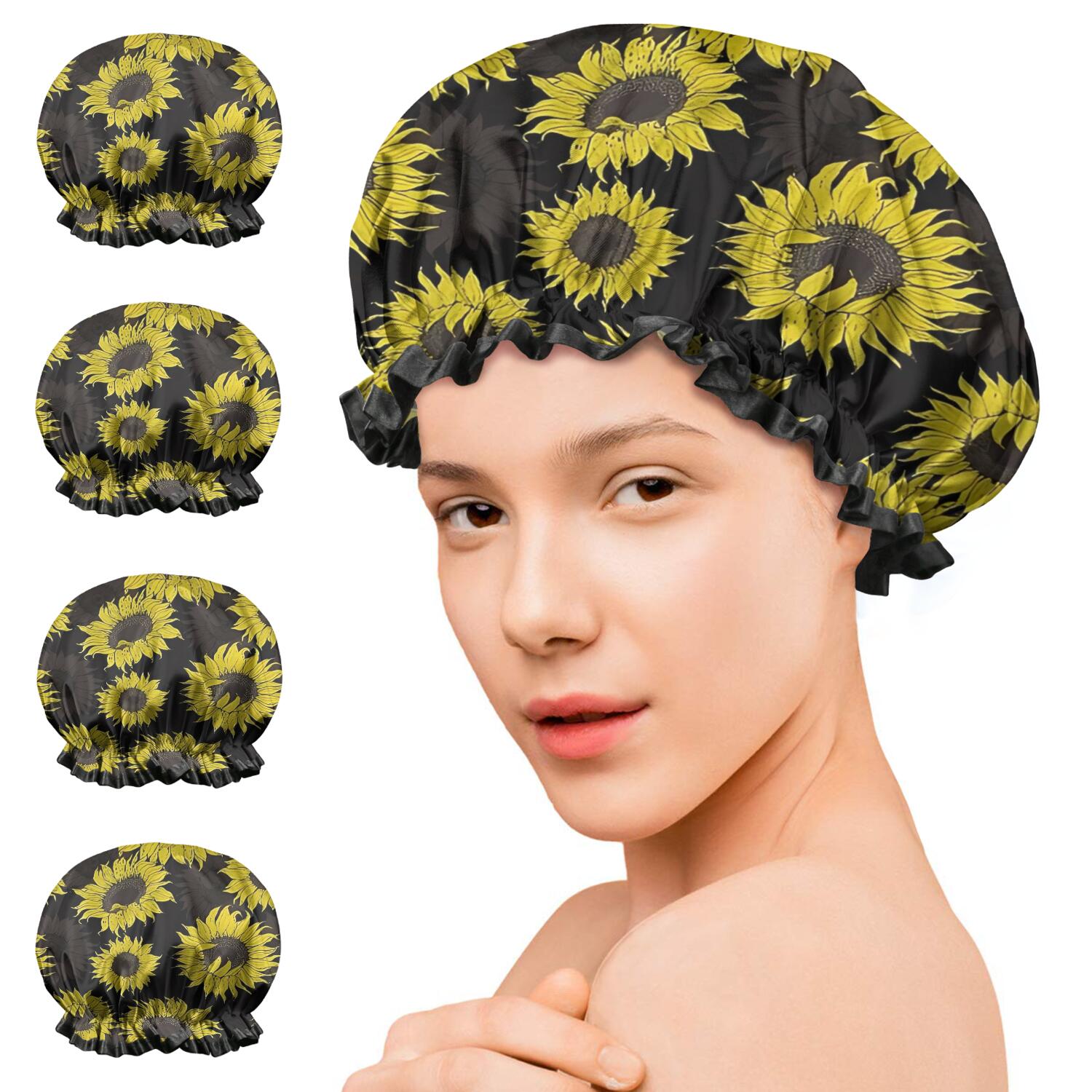 Shower Caps,Black Sunflower Pattern Waterproof Shower Cap for Women 4 Pieces,Double Reusable Hair Cover for Shower PEVA Elastic Stretch Hem