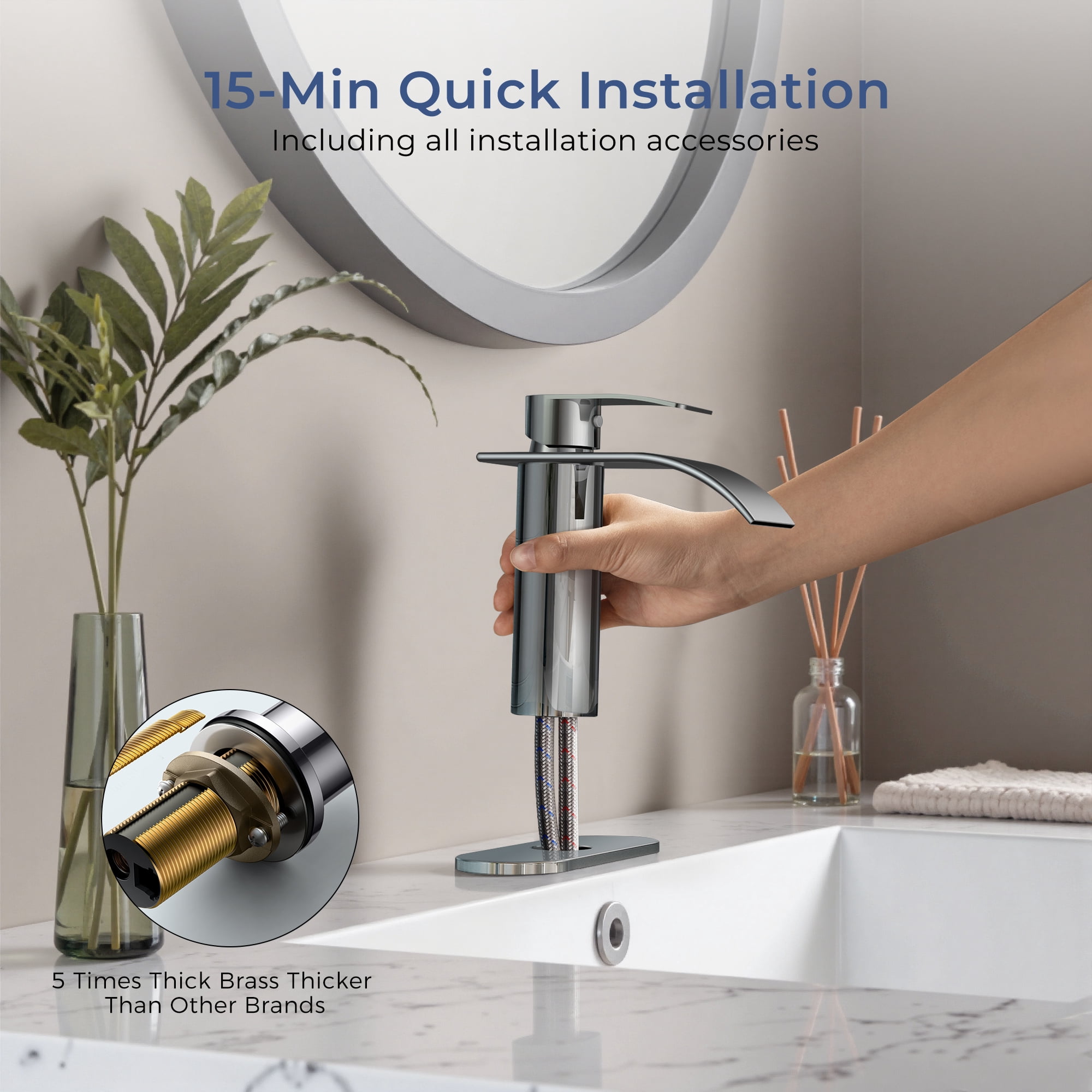TVOFEK Waterfall Bathroom Faucet 1 or 3 Hole, Chrome Single Handle Bathroom Sink Faucets with Metal Pop up Drain and Deck Plate for Vanity Basin RV Lavatory