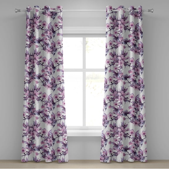 Ambesonne Floral Grommet Curtain, Cherry Blossoms Spring Print, 50"x108", Pale Purple Violet and Pink