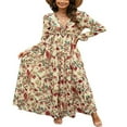 thumbnail image 1 of Robe Maxi pour Femmes à Col en V, Manches Longues, Imprimé Floral, Robe Évasée à Volants, 1 of 7