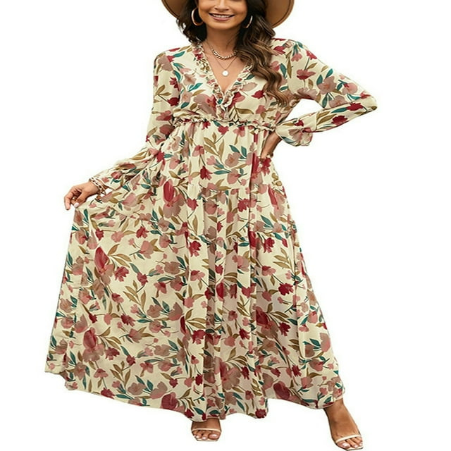 Robe Maxi pour Femmes à Col en V, Manches Longues, Imprimé Floral, Robe Évasée à Volants