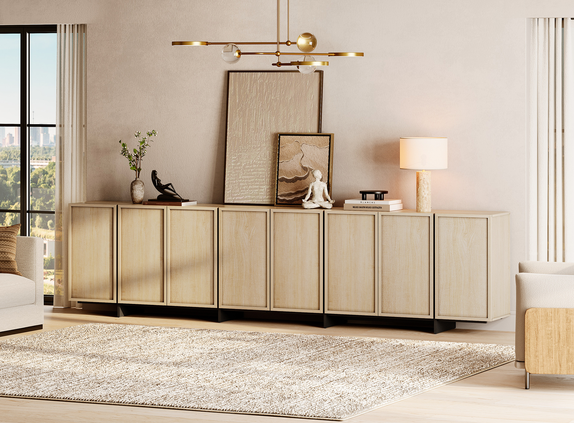 WAMPAT Multifunctional Sideboard Buffet Cabinets, Modern Sideboard with 2 Large Storage Cabinet and Metal Legs, Coffee Bar Storage Cabinet for Living Room, Kitchen, Light Oak