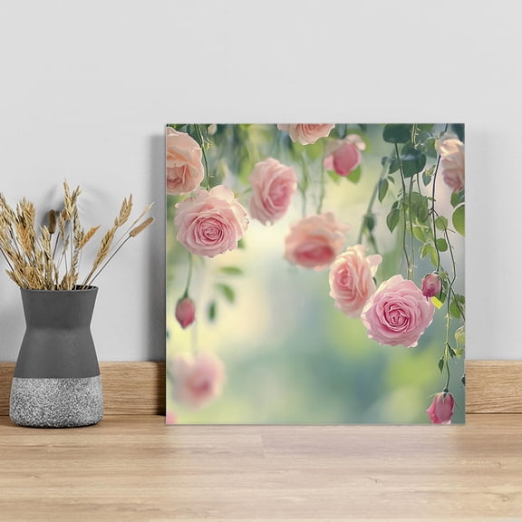 Pink Spring Floral Wall Art Painting on Canvas, Summer Roses Flowers Farmhouse Canvas Art Home Prints Wall Art Framed Modern Artwork for Living Room Bedroom Wall Decor 8x8in