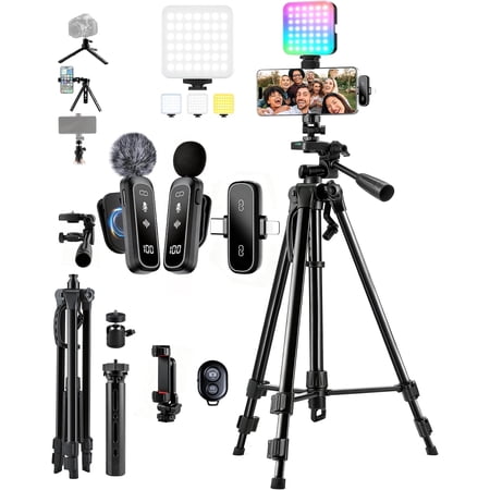 Vlogging Kit for /Android, YouTube Starter Kit for Video Recording with Microphone, Full Size Camera Tripod, Table Tripod, RGB Fill Light, Content Creator Essentials