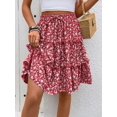 thumbnail image 6 of Red Ditsy Floral Tiered Ruffle Skirt With Drawstring Waist For Spring Summer Holiday, 6 of 6
