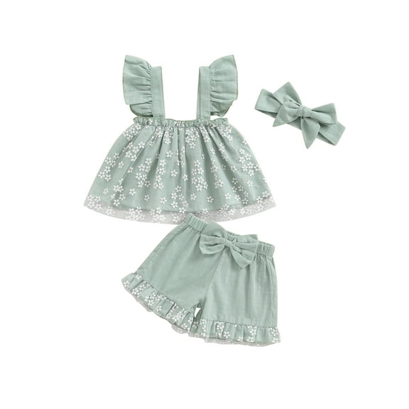 Bagilaanoe 3pcs Toddler Baby Girl Shorts Set Fly Sleeve Floral Print A-Line Tops Shorts Headband 6M 12M 18M 24M 3T 4T Kids Casual Summer Clothes