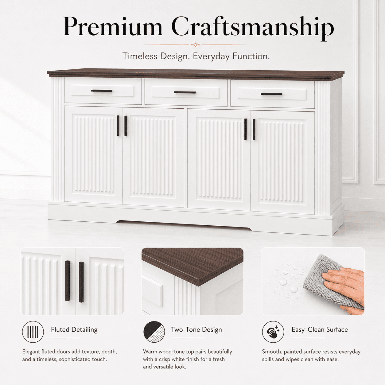 Aukfa 63" Fluted Sideboard Buffet Cabinet with 4 Doors, 3 Drawers, Adjustable Shelves, Kitchen Storage Cabinet,White