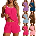 thumbnail image 4 of Costeam Womens Contrast White Trim Spaghetti Strap 2 Piece Outfit Set Loose Sleeveless Tank Top and Pull On Shorts with Side Pockets Elastic High Waist Solid Color Casual Matching Loungewear Suit, 4 of 9