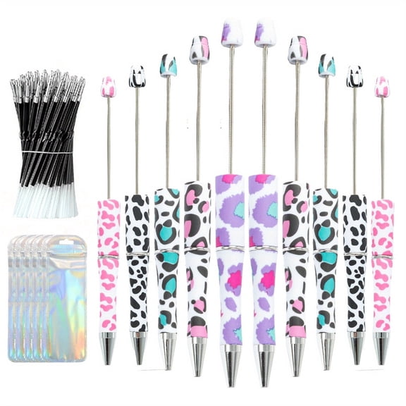 10set Multicolor Printing Beadable Pen 50 Pen Refills 10 Pen Bags Ballpoint Pens Retractable Diamond Bead Pen Plastic DIY Bling Pens Cool Shaft Beaded Pen Black Ink for DIY Making Party Office