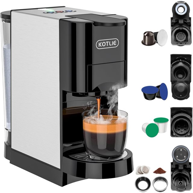 KOTLIE 19Bar Single Serve Coffee Maker, 5in1 Espresso Machine for Keu* kcup Capsules/Nes*presso Original/Do*lce Gu*sto/Ground Coffee/44mm ESE, Level 7 Water volume, Hot&Cold Brew Coffee Machine