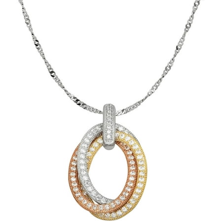 CZ Sterling Silver and 18kt Yellow and Pink Gold Interlocking Oval Pendant, 18 Singapore Chain