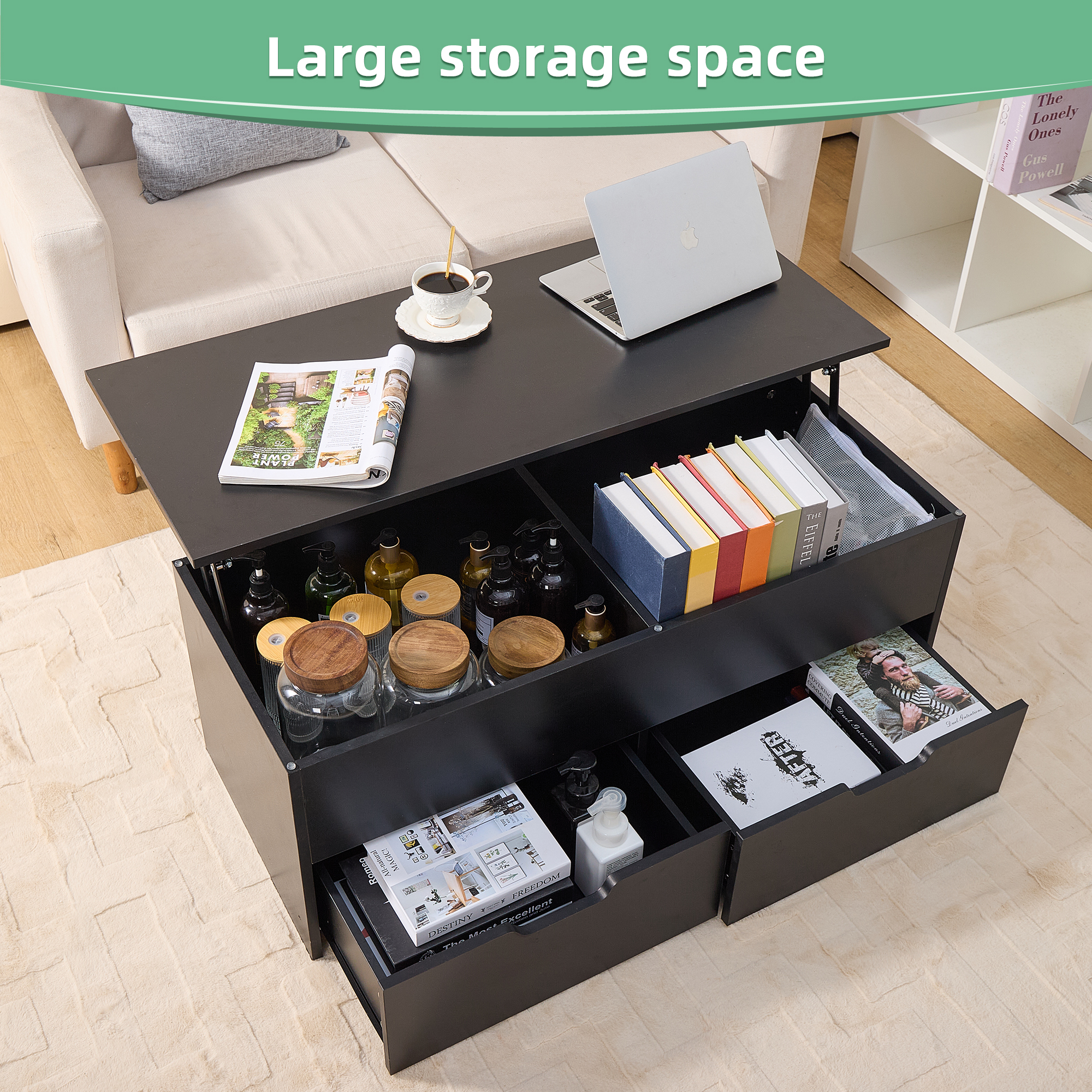 3-Tier Adjustable Lift-Top Coffee Table ，Sofa Table For Living Room , Hidden Compartment, 2 Drawers, 15.75" - 20.3" Height Range