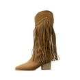 thumbnail image 2 of Aueoeo Mid Calf Fringe Boots For Women Cowboy Pointed Toe Chunky Heels Winter Spring Western Rivets Tassel Boots Brown, 2 of 9