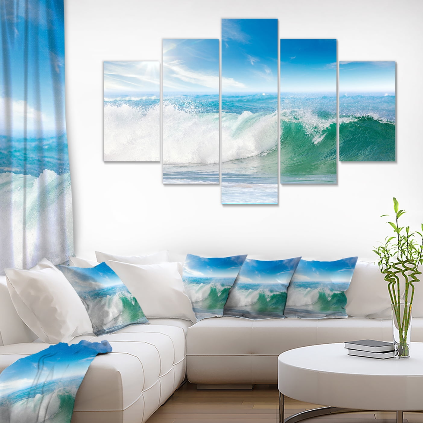 Designart 'White and Blue Waves under Sun ' Seascape Canvas Art Print