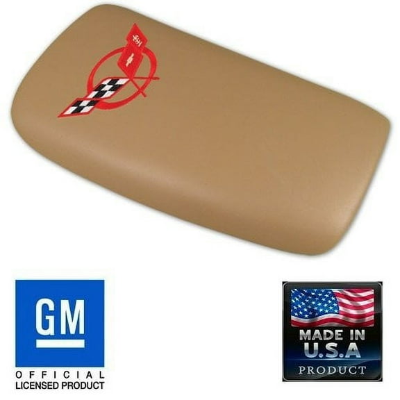 C5 Corvette Center Console Pad Lid Oak Leather with Red Cross Flag Embroidered Emblem Fits: All 97 through 04 Corvettes