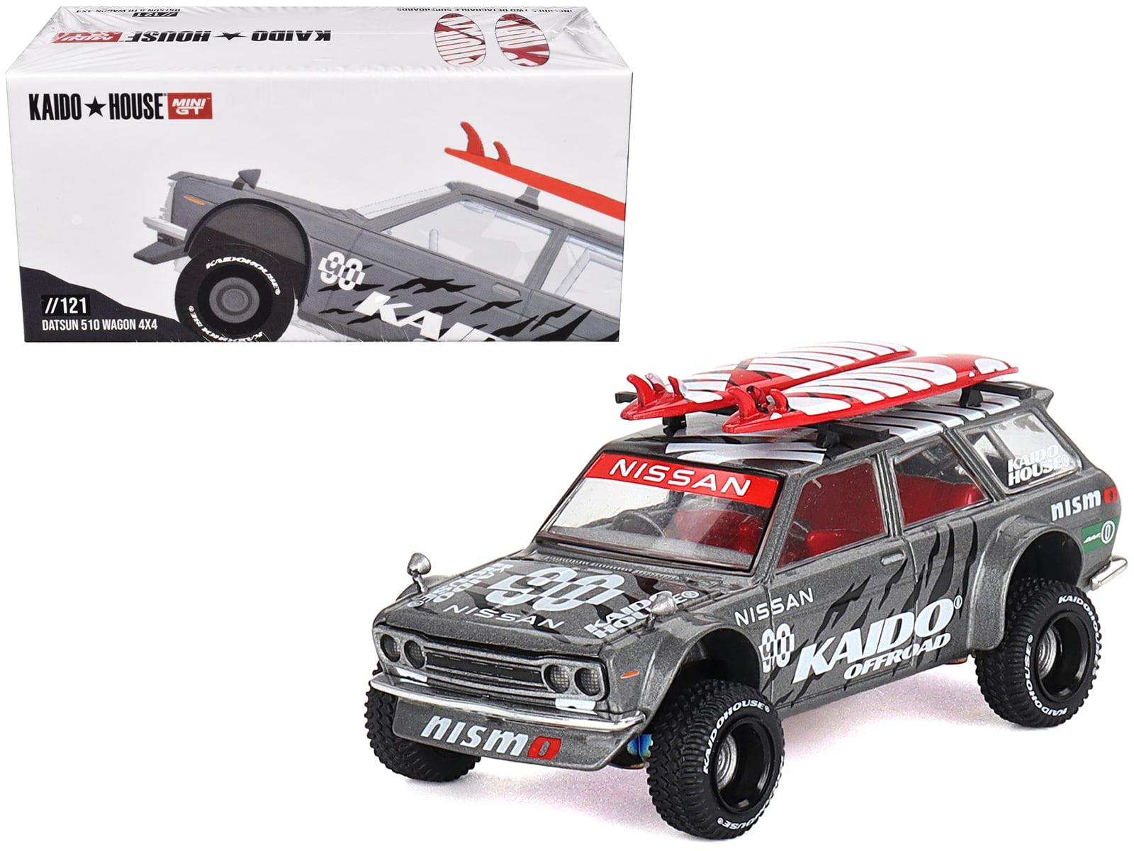 Datsun Kaido 510 Wagon 4x4 RHD "Kaido Offroad V1" Gray Metallic with Red Interior and Surfboards on Roof (Designed by Jun Imai) "Kaido House" Special 1/64 Diecast Model Car by Mini GT