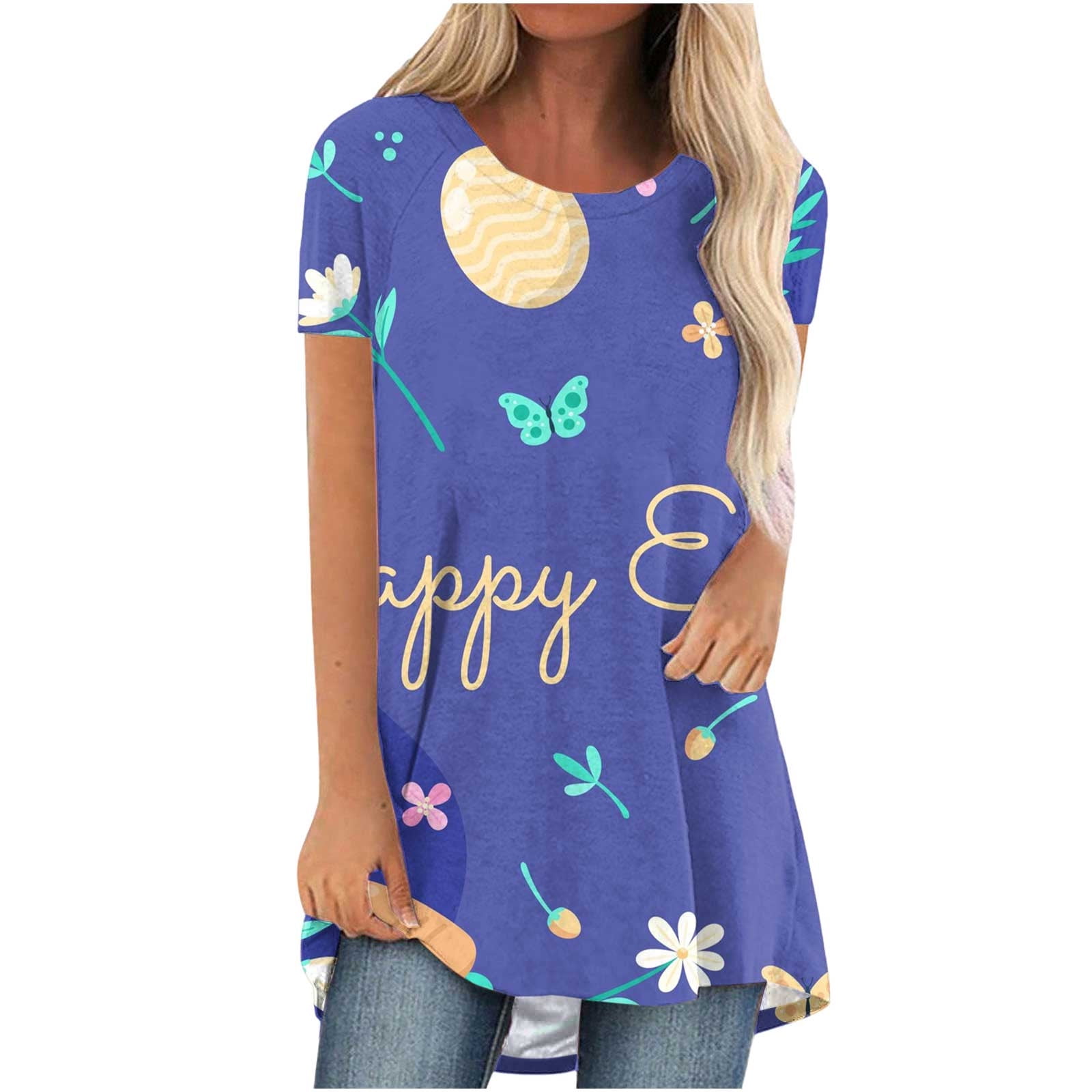 Easter Shirts for Women Bunny Eggs Easter Print Top Short Sleeve Cute T