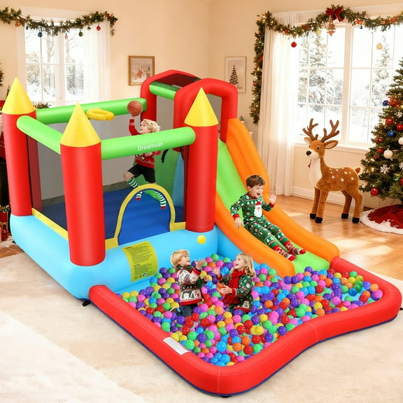 Veeboto Inflatable Bounce House for Kids 3-10, Bouncy Castle with Slide, Bouncy Area, Climbing Wall, Basketball Hoop, Pool, Suitable for Indoor and Outdoor, Jumping Castle with Blower