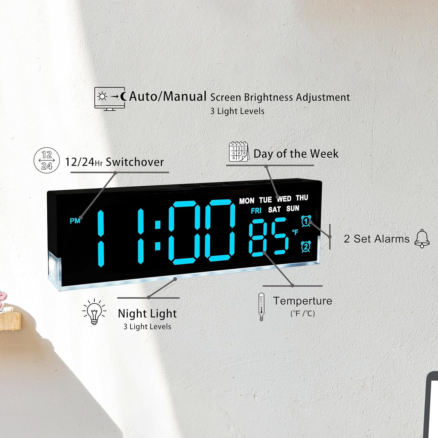 7-Inch LED Digital Alarm Clock with Bottom Glow Light｜Displays Time, Date, Day, Temperature｜Dual Alarms, DST, Auto/Manual 3-Level Brightness, Battery or USB Powered Desk Clock,Blue