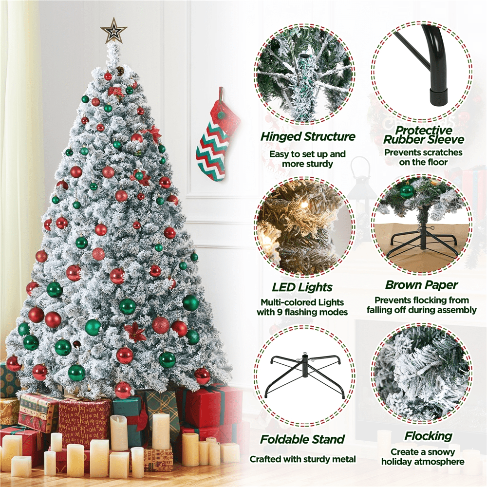Alden Design 6ft Pre-lit Flocked Artificial Christmas Tree with 250 LED Lights for Holiday Decorative, White