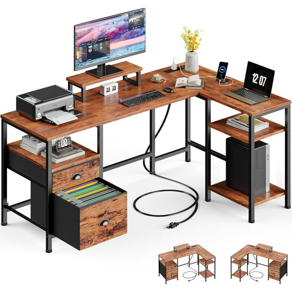 MY  L Shaped Computer Desk with Power Outlet, Reversible Home Office Desk for Work Study, 50 Inch Corner Gaming Table with File Drawer, Monitor Stand, Storage Shelves, Rustic Brown