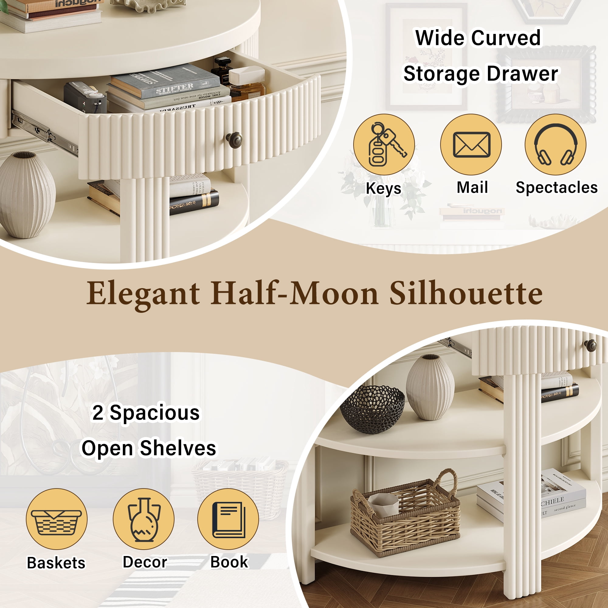 Euroco Fluted Half Moon Console Table with 1-Drawer, 3 Tier Entryway Table with Open Storage Shelves for Living Room, Hallway, Foyer,Cream