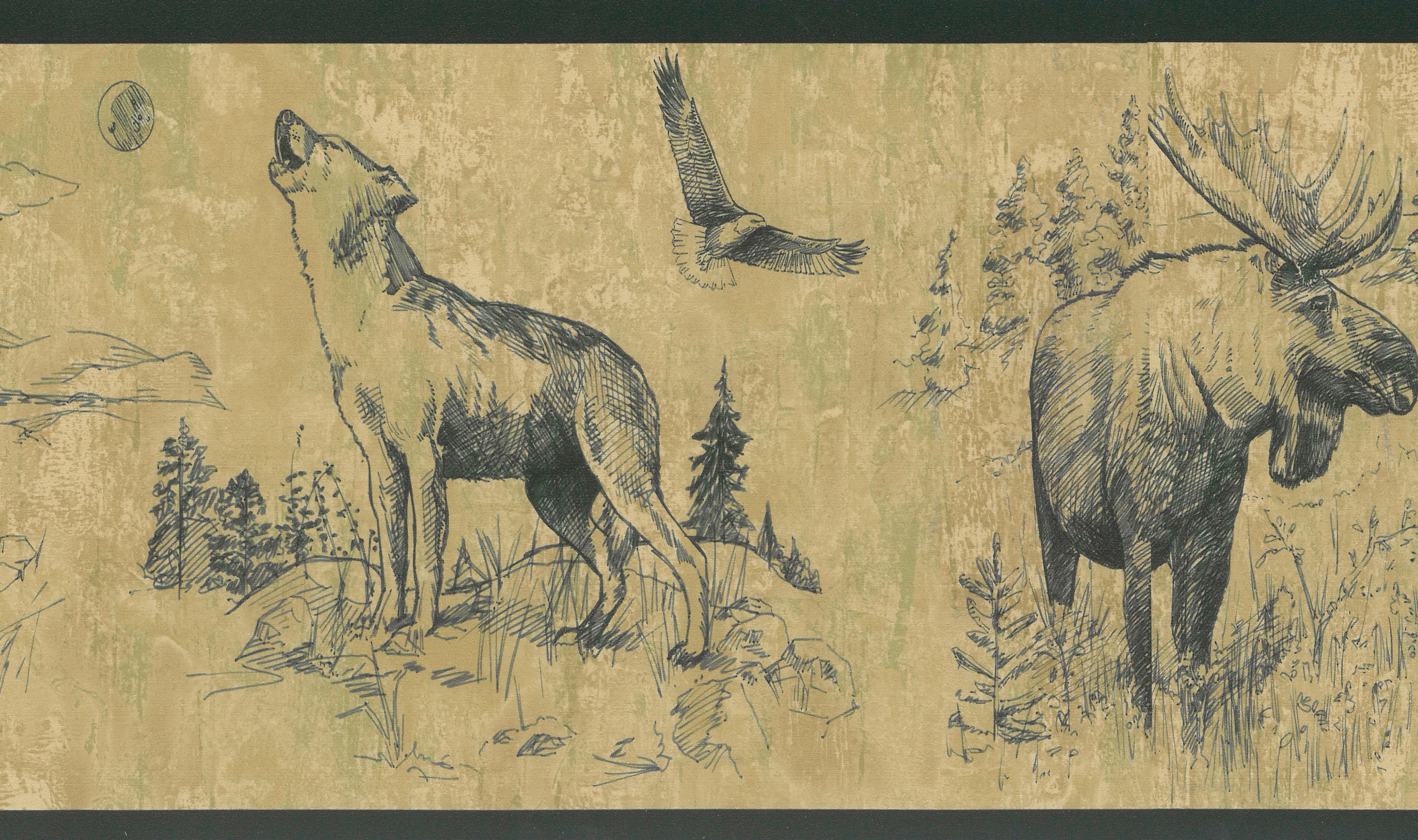 Dundee Deco Prepasted Wallpaper Border - Animal Green, Brown Sketched Moose, Wolf, Falcon, 15 ft x 7 in