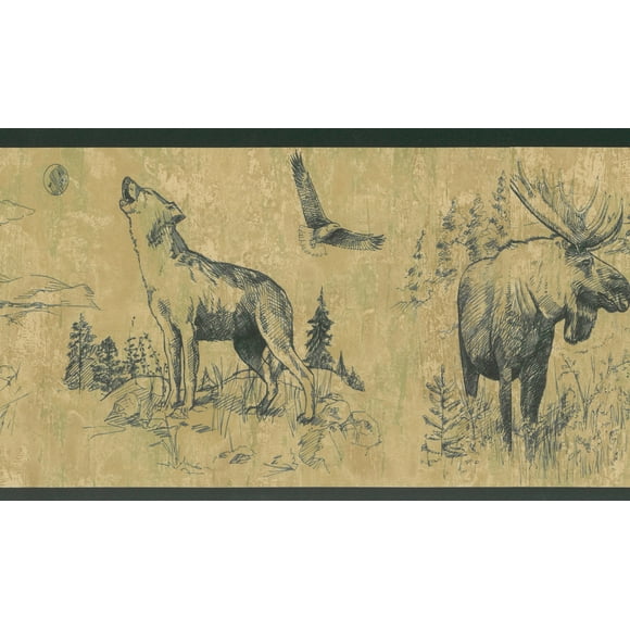Prepasted Wallpaper Border - Animal Green, Brown Sketched Moose, Wolf, Falcon Wall Border Retro Design, 15 ft x 7 in (4.57m x 17.78cm)