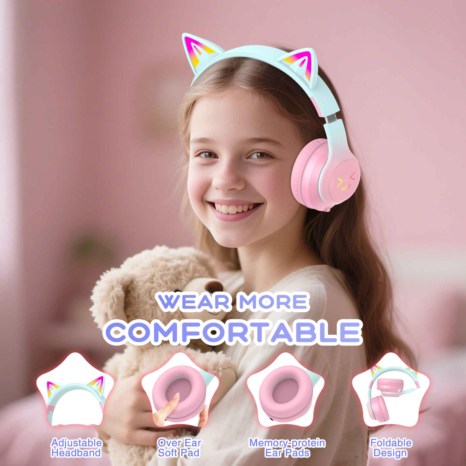 Hoey Cat Ear Kids Bluetooth Headphones, Pink photo 4