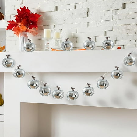 hgudesign Pumpkins Garland for Mantle 8.2ft Glitter Pumpkins Garland for Thanksgiving, Silver Table Decor Retro 70s 80s Theme Decor Artificial Craft