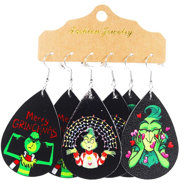 The Grinch Earrings Kids Grinch Decor 3 Pairs Of Christmas Earrings Handmade Tear Drop Faux Leather Earrings New Year Party Earrings Set Winter Holiday Jewelry Gifts