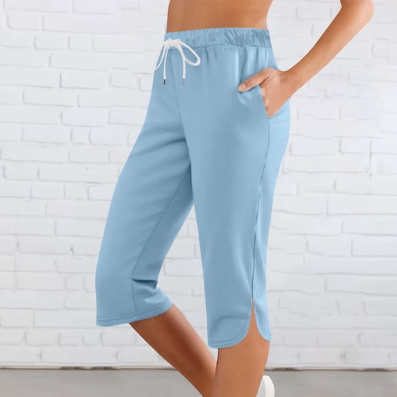 Petite Capri Pants for Women 2026 Elastic Waist Drawstring Stretchy Summer Pant Side Split Casual Lounge Capris with Pocket Sky Blue S