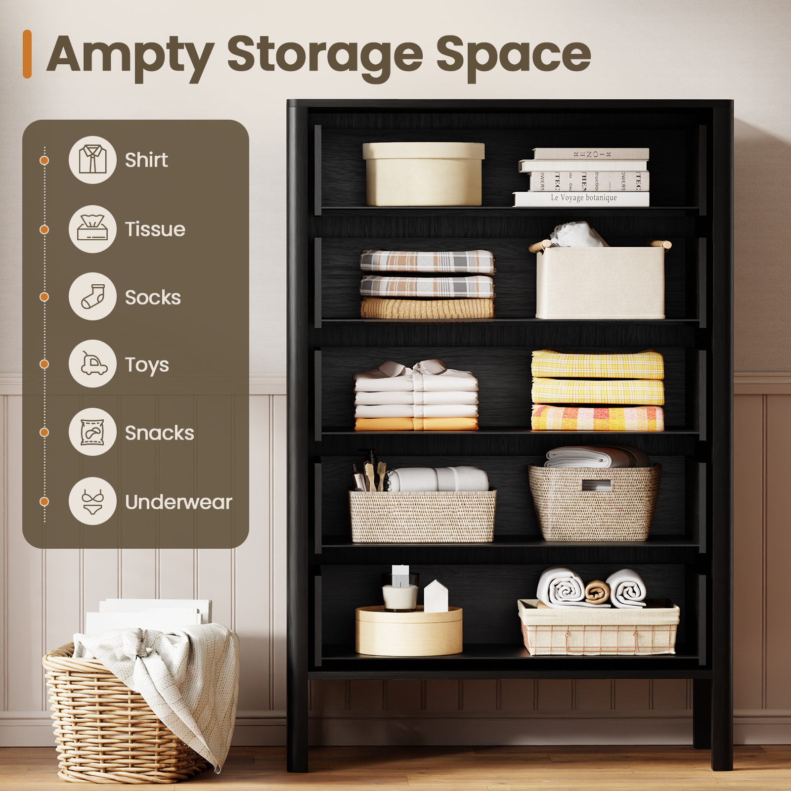 Fluted 5 Drawer Dresser for Bedroom 47" Wide Wooden Dresser TV Stand Modern Storage Organizer for Living Room, Hallway, Black