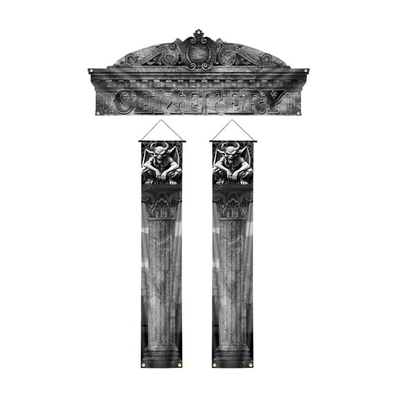 EverydayNest 3 Pcs Halloween Cemetery Porch Banner,Gothic Stone Door Sign with Hanging Vertical Banners for Front Door Wall Haunted House Party,180cm Grey