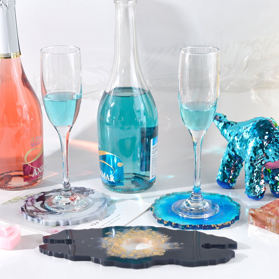 DIY Wine Glass Holder Resin Mold - Creative Craft Kit with Coaster Molds & Metallic Flakes for Unique Home Decor