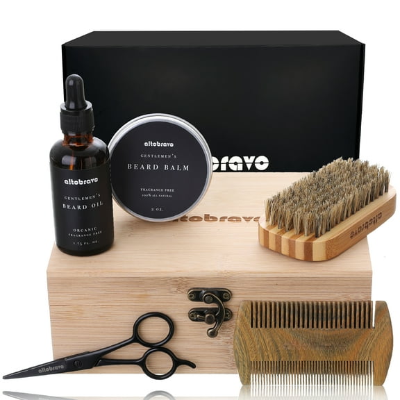 Premium Beard Kit for Men - Complete Beard Care Kit & Grooming Kit | Beard Oil, Beard Balm Leave-in Conditioner, Beard Brush, Beard Comb, Beard & Mustache Trimming Scissors – in a Bamboo Gift Box