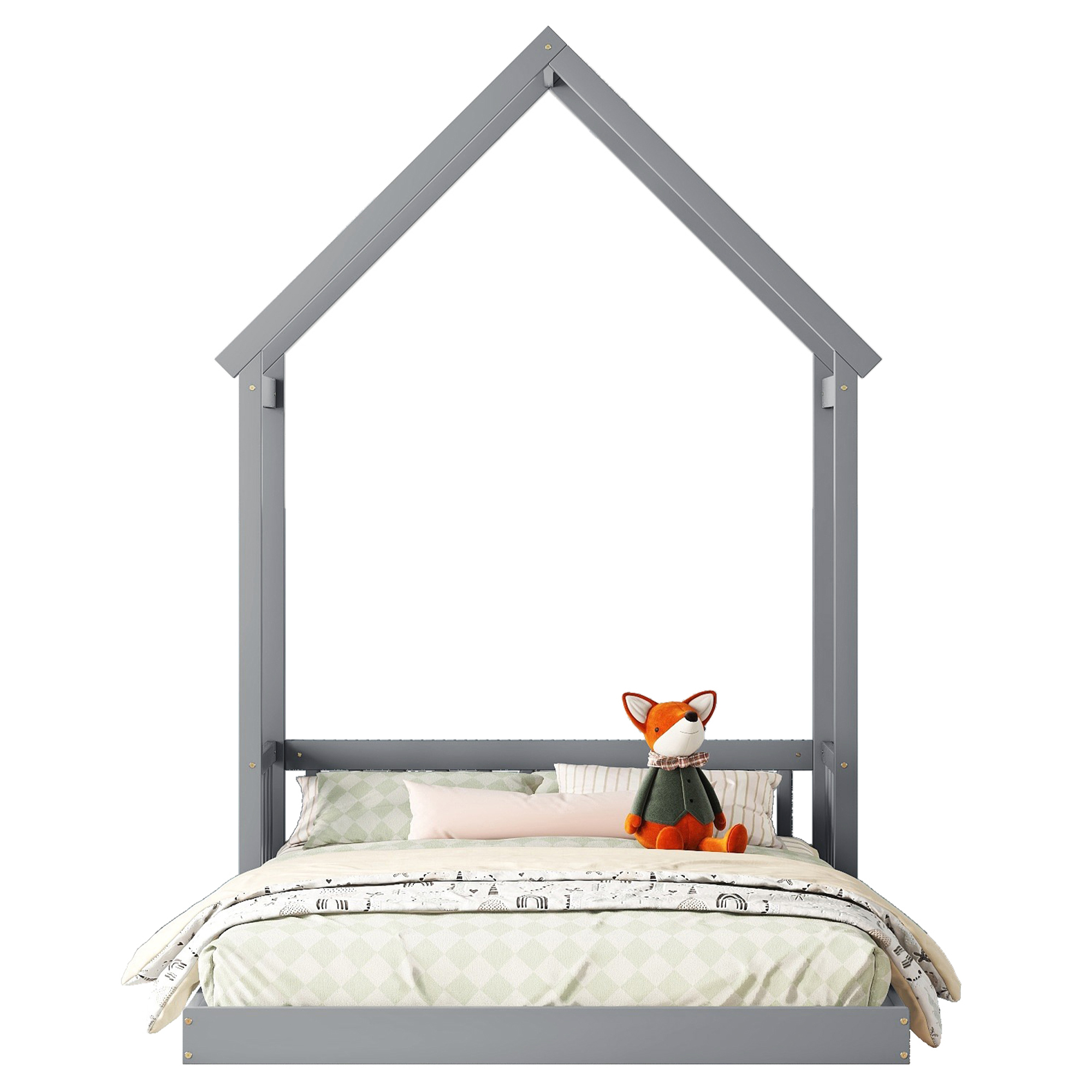 Euroco Full Size Pine Wood Platform Bed, House Floor Bed for Kids, Gray