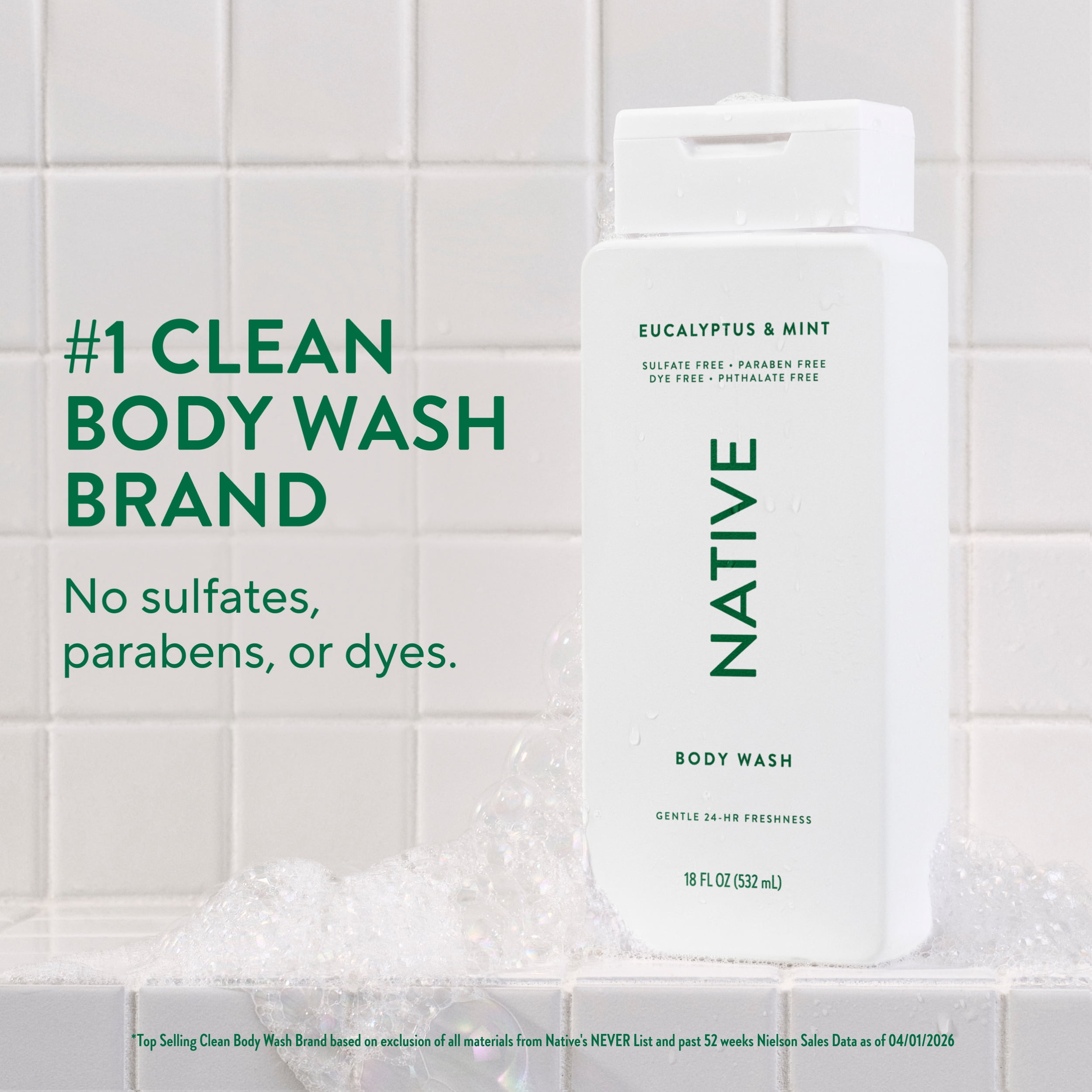 (6 pack) Native Body Wash for Women & Men, Sulfate Free, Eucalypts & Mint, 18 fl oz